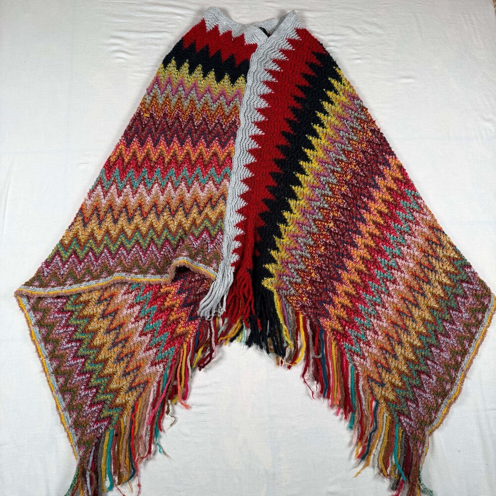 PERMANENT Boho Chevron Knit Poncho Womens One Size Multicolor Fringe Cape Wrap